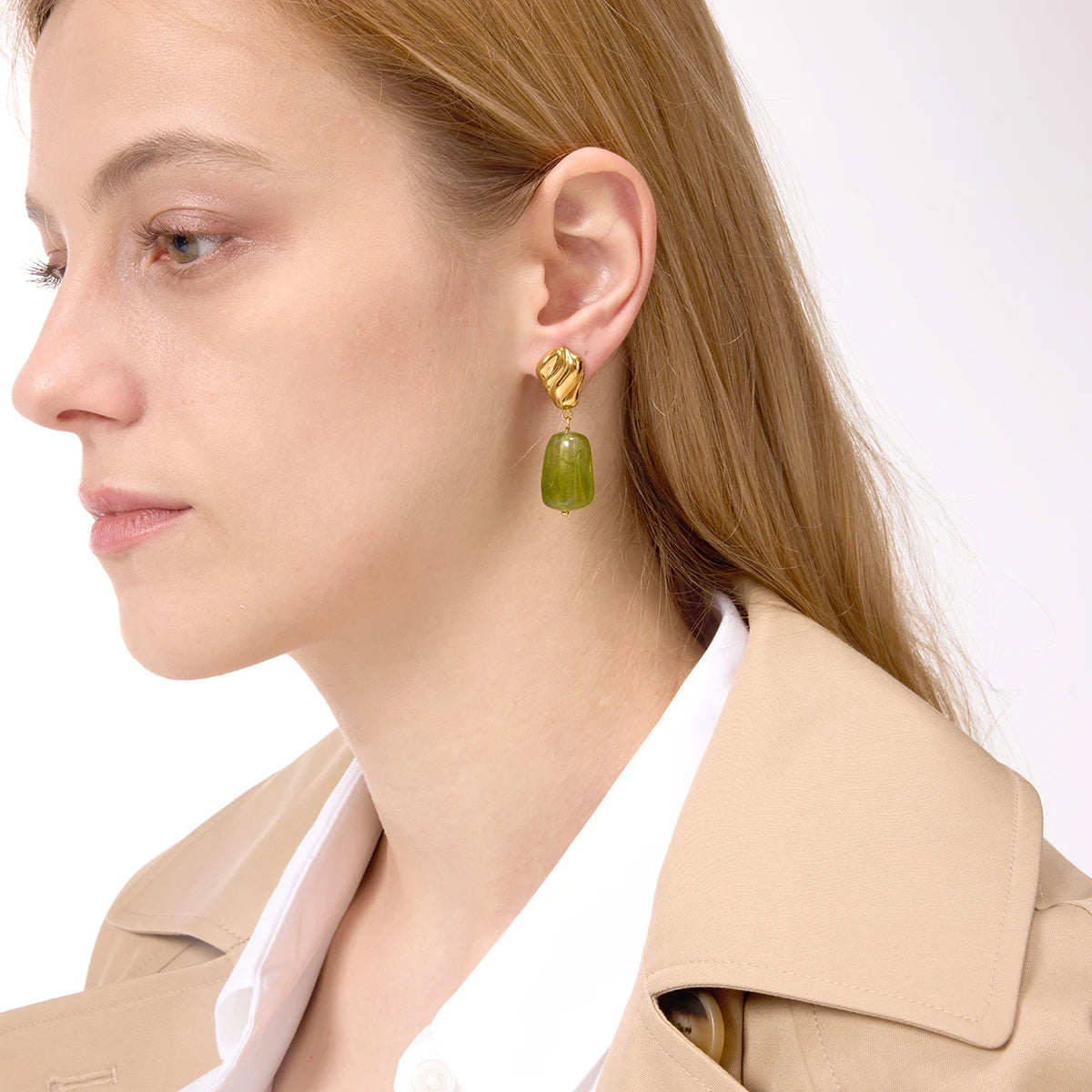 Uworld Designer Vintage 18K Gold Color Plated Stainless Steel Geometric Ear Studs Green Resin Irregular Pendant Earrings