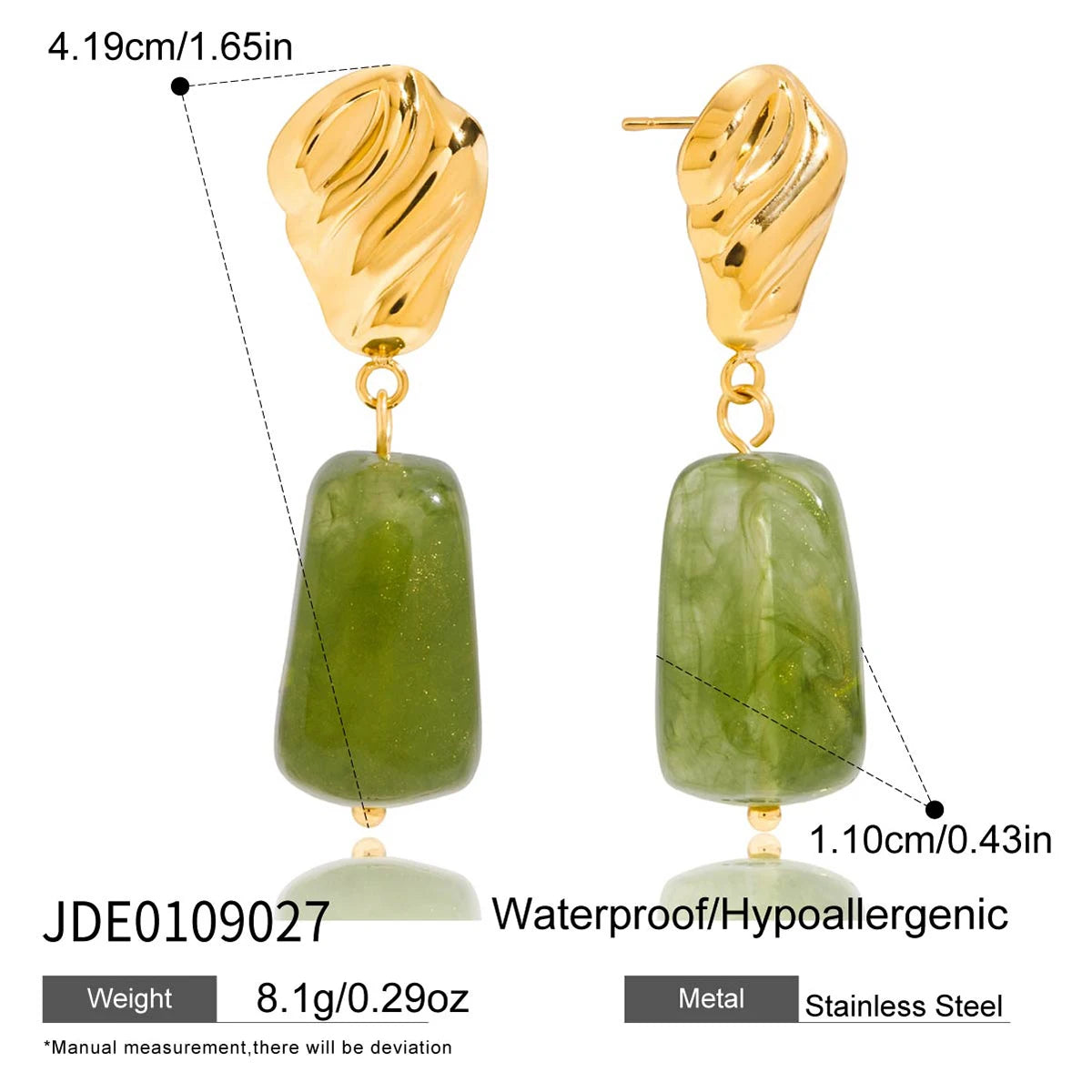 Uworld Designer Vintage 18K Gold Color Plated Stainless Steel Geometric Ear Studs Green Resin Irregular Pendant Earrings