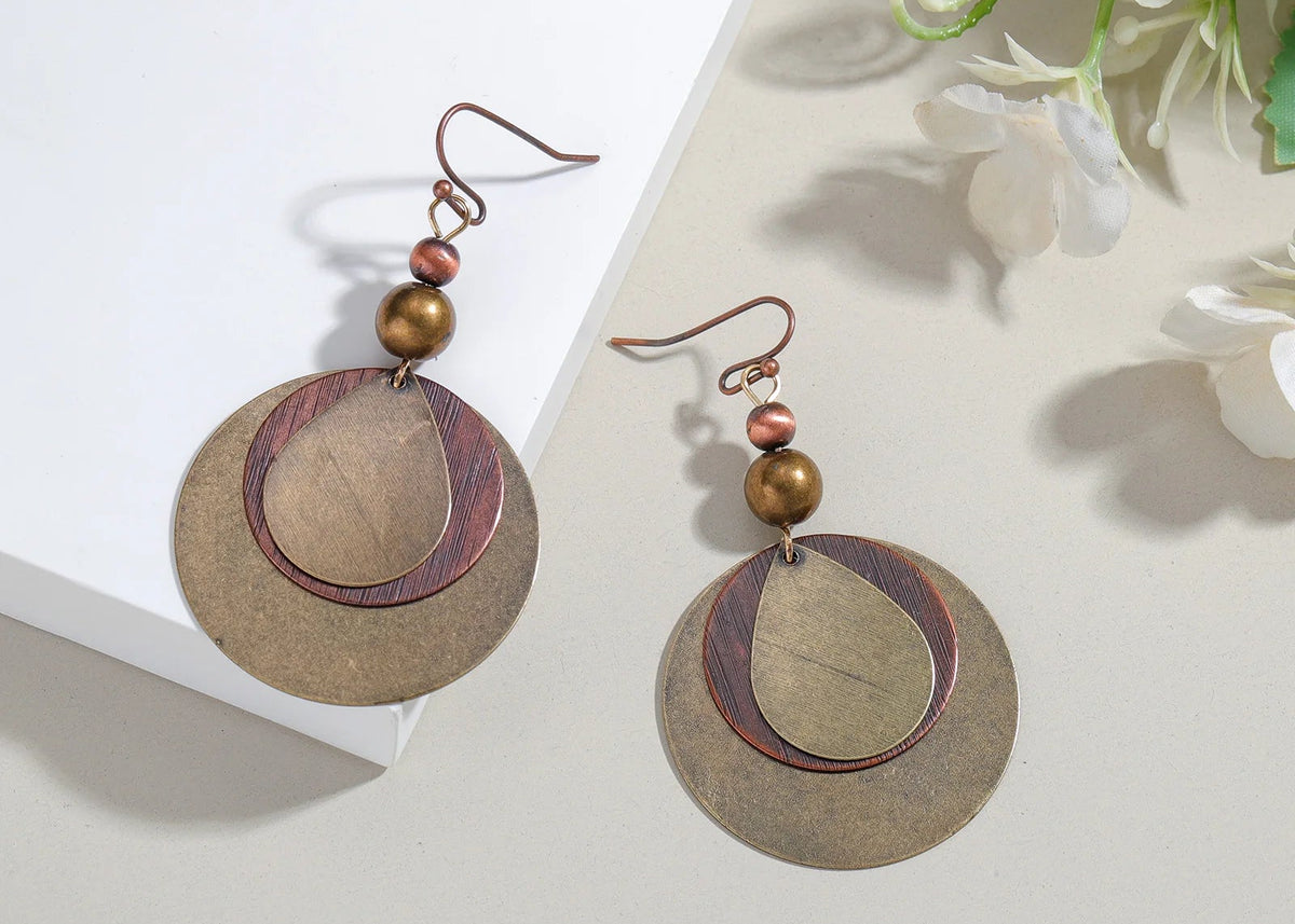 Retro fashion antique bronze multi-layer round bead pendant, environmentally friendly alloy women's earrings