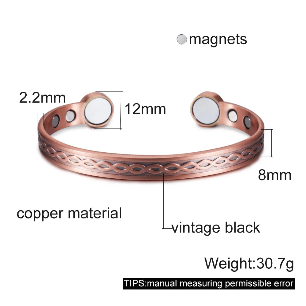 Vinterly Pure Copper Bracelets Adjustable Vintage Knot Magnetic Bangles 8mm Wide Arthritis Health High Magnet Jewelry Resizable